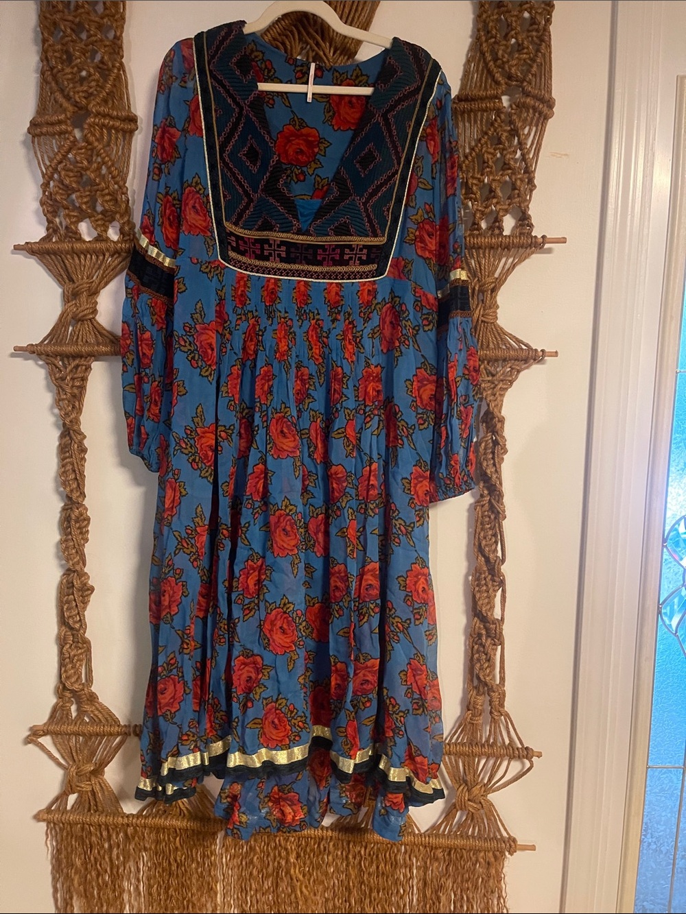 FREE PEOPLE Blue Floral Boho Tunic Dress with Red Roses